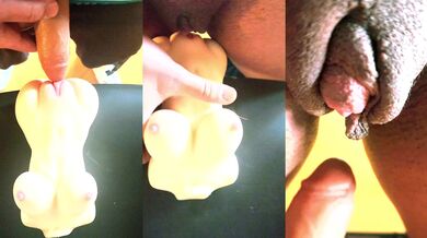 Big clit on a strapless dildo crushing a silicon doll’s pussy with nasty scissoring