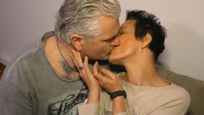 Short hair sexy brunette in pantyhose sucks and fucks grey hair dude she met on the stairs