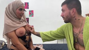 Busty Arab babe in hijab and stockings tastes my big cock in her pussy