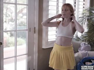 Small teen redhead Maddy May is bended over the tennis net and gets her twat licked by her slaver tutor.The tiny titties ginger deepthroats his jock