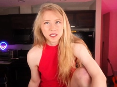 Blonde Trans Beauty Strokes Cock on Kitchen Counter