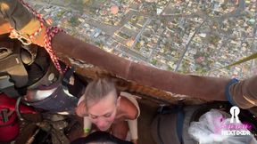 Petite blonde babe swallows in horny public pyramid sex
