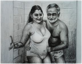 Erotic Art Or Drawing Sexy Desi Indian Woman inside Bathroom with Father In Law