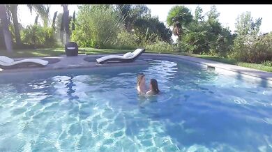 Petite brunette slowly strips in pool staring eyes don’t you dare cum yet