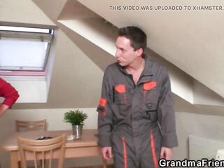 2 repairmen screw large bazookas old grandma