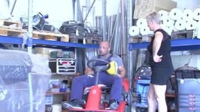 Mature Blonde Stretched Wide on Lawnmower with Dripping Cum
