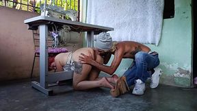 Stuck sewing machine teen gets surprised by stepbrother's help
