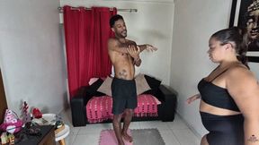 Squeezing, sitting, and making a tower of butt weighing 160 kg onto our loser personal trainer! By Rosalia Peach, Victoria Dias, and Vitor Cam Babi