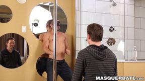 Bearded Alexandre dances on a pole before stroking his big dick