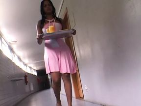 Sexy ebony in pink dress gets her apple bottom fucked hard