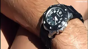 Poolside babe drills guy hard in public