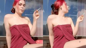 Wearing just a towel, smoking a marlboro, side profile view - Smokingrapunzel