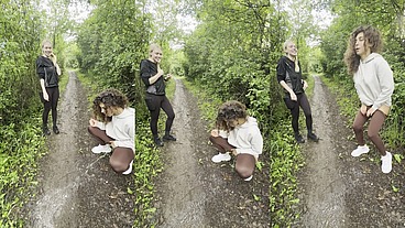 lady ana pisses in front of rebel rhyder in the woodspeeing