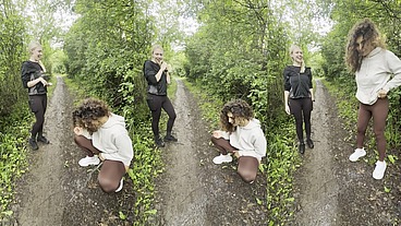 lady ana pisses in front of rebel rhyder in the woodspeeing