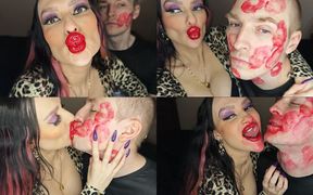 Juicy Sticky Loud Aggressive Kisses All Over a Guy's Face with Red Lipstick