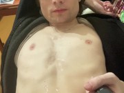 On a bicycle he jerks off, leaving on a chair, cumming with rain on his head, eating sperm