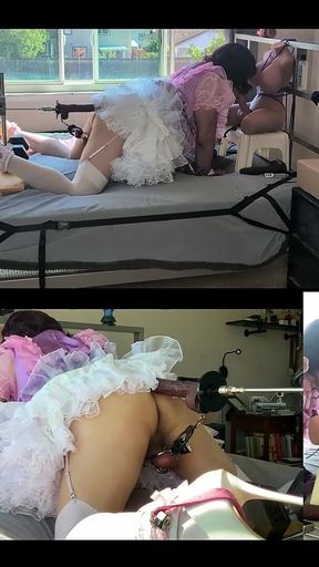 Pink Satin Sissy Maid Gets Fucked by Her Fucking Machine and Plays with Her Sex Toy Doll