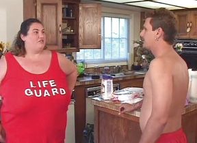 Fat beach patrol vol1 - BBW lifeguard playing with food and cock in the kitchen