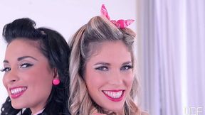 Pin-up style lesbian fun with rich breasted French moms Anissa Kate and Eva Parcker