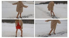 CUSTOM CLIP PREMIERE: Sexy Emily is slippering hard on the slippery icy road