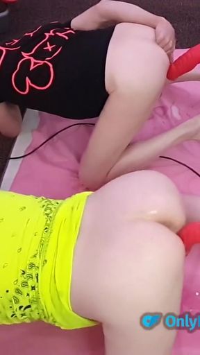 Double fucking machine fun with big dildos and 2 fucking machines   Clip 1