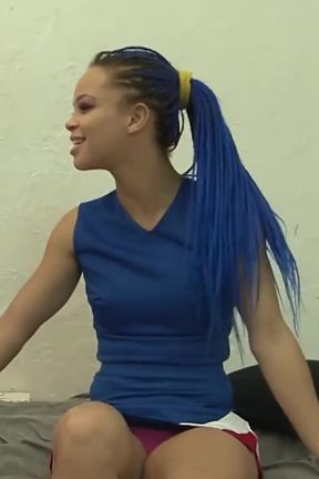 Cutie with Blue Hair and Femdom Streak Is Striking Some Merciless Ballbusting on That Loser
