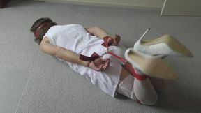 Hogtied Sissy in White Lingerie and High Heels