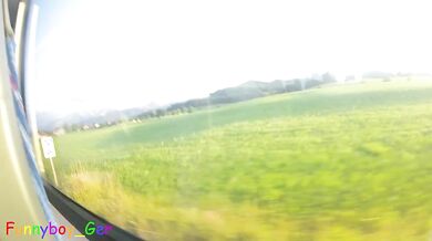 Jerking my thick uncut cock on a bumpy moving train