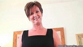 Classy grandma with big tits wears black stocking