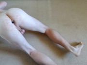 Guy is putting on his new tights first time.