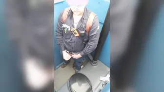 Hairy Bear Jerks Off and Cums in Portable Toilet at Work