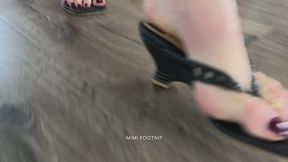 Walking in Black Wedge Thong Sandals on Hard Floor