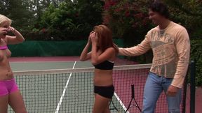 a threesome in tennis court