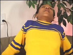 Sexy ebony cheerleader fucks fan in the living room