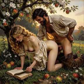 She Kept Reading Under the Apple Tree While He Finished What the Book Started (ai Generated).