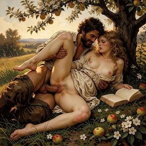 She Kept Reading Under the Apple Tree While He Finished What the Book Started (ai Generated).