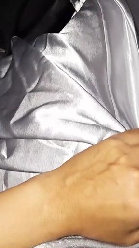 Masturbating Wearing Silver Satin Long Dress in Car