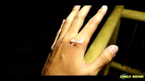 jerking my big uncut cock in the cabin in the woods cumshot - camilo brown