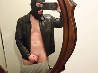 PhantomGentX Leatherjacket Mirror Cum! Hot Dom Strokes & Explodes Massive Load On White Shirt