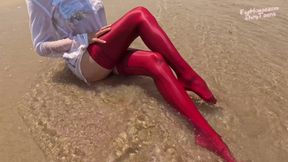 859 Shiny Red Spandex Stockings on the Beach 2