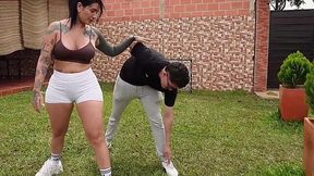 Curvy tattooed MILF sucks and rides her trainer hard sucking deep