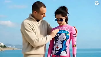 guy touches ai model&#039_s beautiful pink swim shirt