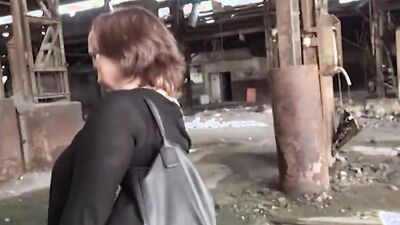 Chubby mature woman blows her man in an abandoned building