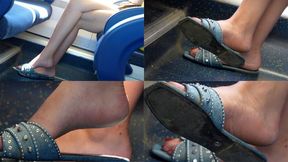 Foot and shoe fetish slippers dangling, hot arched feet and beauty crossed bare legs