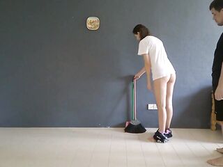 She gets pantsed during the time that doing house chores
