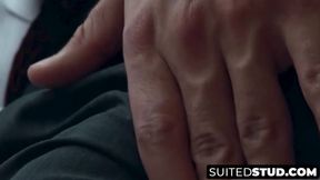 Suited Will Iden tugs massive cock until explosive climax