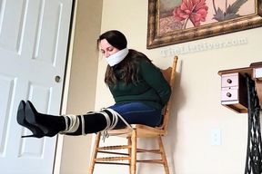 Bound to Truth: A Reporter's Story by Liz River, Brunette with Sweater, Jeans and Boots Self Ties Bondage, gets stuck