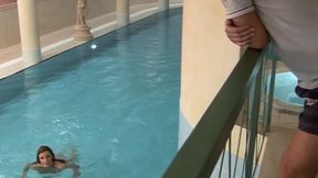Outstanding brunette milf humping next to a pool