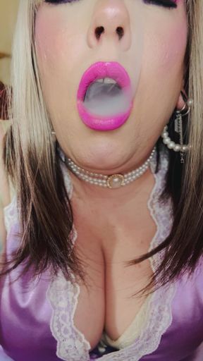 Gorgeous Blonde Tina Snua Smokes A Cigarette In Satin - Silk Smoking Smoker OME OMI Snap Inhales Drifting