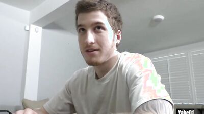 Slim dude with a sleeve tattoo sucks dick and rides it